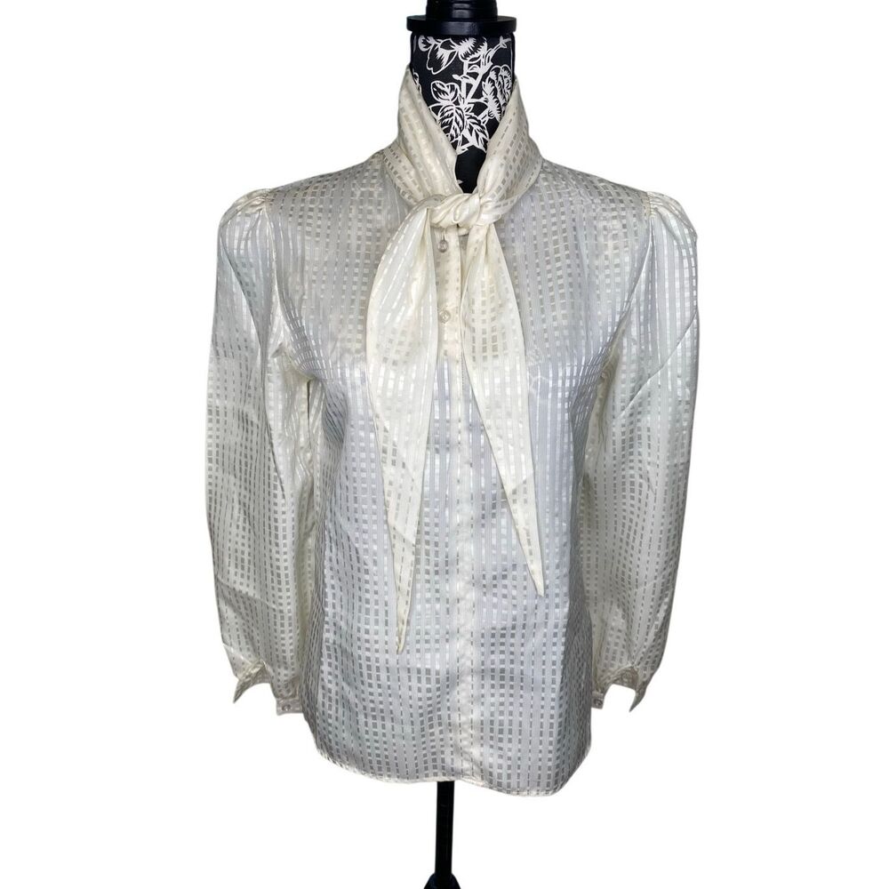 Country Sophisticates Ivory Satin Stripe Bow Neck Secretary Blouse Top Vintage